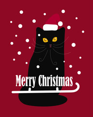 Vector illustration of a black cat in a Santa Claus hat on a red background. Merry Christmas card. Black cat party

