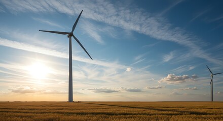Obraz premium Serene Sunset: Wind Turbines in Golden Field