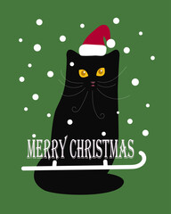 Vector illustration of a black cat in a Santa Claus hat on a red background. Merry Christmas card. Black cat party

