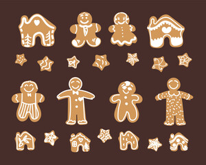 Vector illustration.Christmas gingerbread cookies decorated with white sugar gleze. In the shape of a Christmas gingerbread house, a star, snowflakes, a gingerbread man and girl  with a cane, stars 