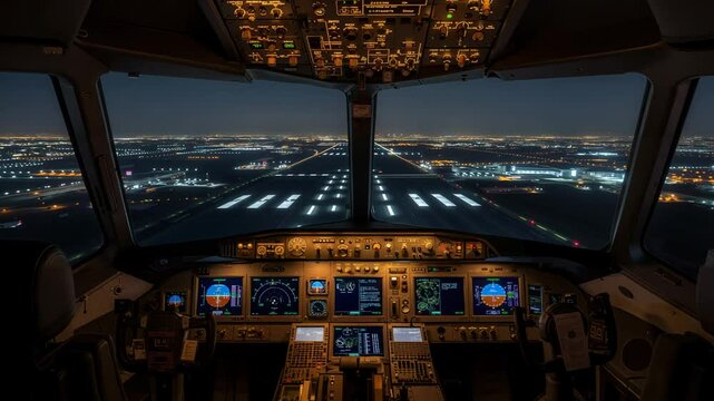 Airplane cockpit view landing at night with runway lights  