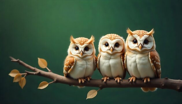 Four cute baby owls sitting on branch, on dark green background 