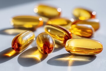 Fish oil or cod liver capsules on a white table in morning light