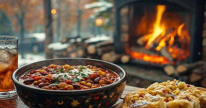A cozy autumn scene featuring a hearty chili dish and cornbread by a warm fireplace