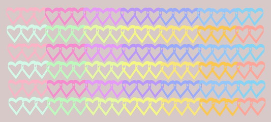 Garland of hearts.Abstract romantic minimalistic colored, rainbow hearts on a light background. A garland of colorful, rainbow hearts.Vector Wallpaper. Valentine's day, wedding, sweet love concept