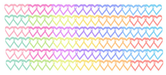 Garland of hearts.Abstract romantic minimalistic colored, rainbow hearts on a light background. A garland of colorful, rainbow hearts.Vector Wallpaper. Valentine's day, wedding, sweet love concept