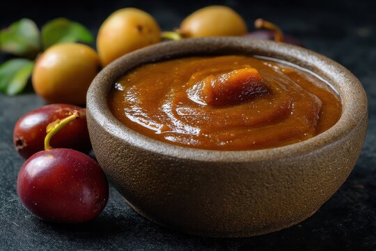 Fresh tamarind puree and pulp paste served in a bowl with whole fruit