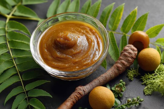 Fresh tamarind puree or paste in a bowl with whole fruit