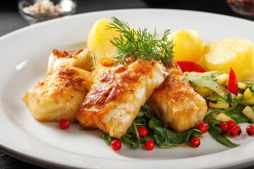 Fried fish boiled potatoes and salad