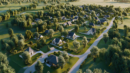 Residential development aerial view modern homes surrounded by green trees