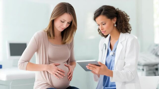 Female doctor consulting with pregnant patient during prenatal checkup, viewing test results on a tablet computer, healthcare concept in clinic.