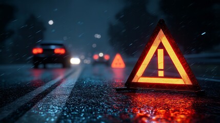 Night Road Emergency Warning Triangle Reflective Red Light Car Accident Rainy Night Safety Caution Sign Transportation Hazard Wet Asphalt Dark Background help risk alert 