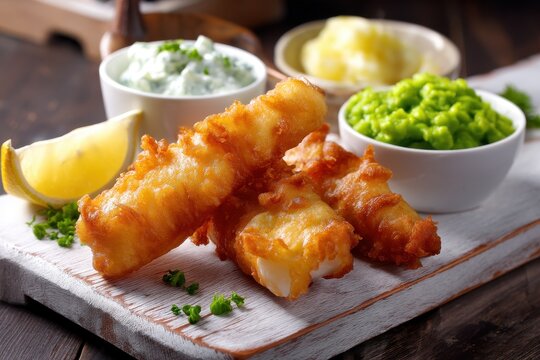 Fried haddock strips small fish fingers mashed peas tartar sauce on a wooden board