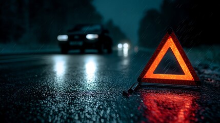 Night Road Emergency Red Warning Triangle Sign Car Breakdown Rain Wet Asphalt Dark Nighttime Vehicle Accident Safety Caution Transportation Hazard Illuminated Reflective 