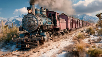 Obraz premium Vintage steam locomotive pulling red carriages through a snowy desert landscape with mountains in the background