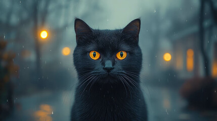 Mysterious black cat with vivid orange eyes in a misty field, evoking a moody, magical, or Halloween-themed atmosphere with cinematic lighting