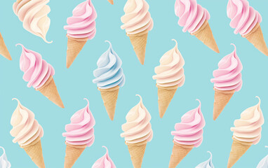 Pastel swirl ice cream cones arranged on blue background. Sweet summer treat.