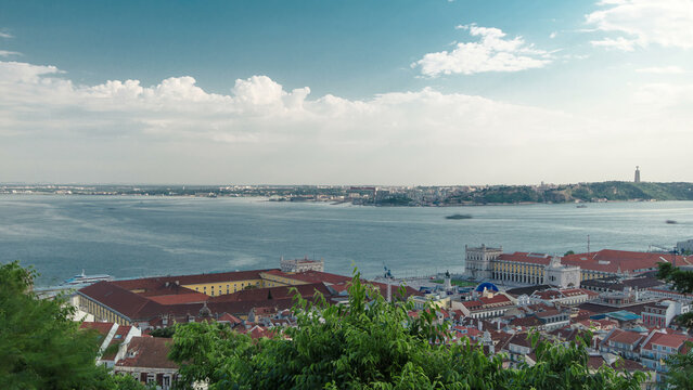 Bird view of Lisboa downtown. Baixa rooftops with the Commerce square. Portugal timelapse