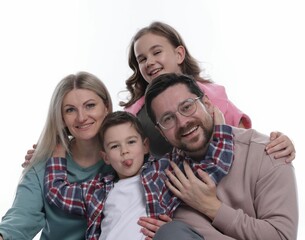 Portrait of happy family on white background