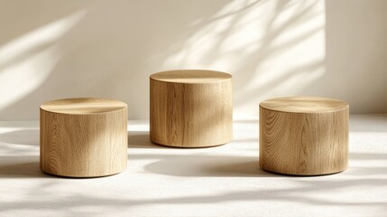Three simple wooden cylindrical end tables in a minimalist setting.