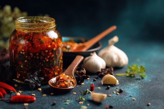 Homemade garlic pickle with heat set against a colorful backdrop