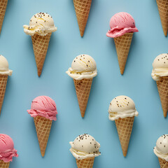 Ice cream scoops in waffle cones on blue background. Summer dessert pattern.
