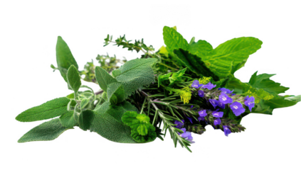 Pile of fresh herbs with leaves and flowers isolated on a white background, png, transparent