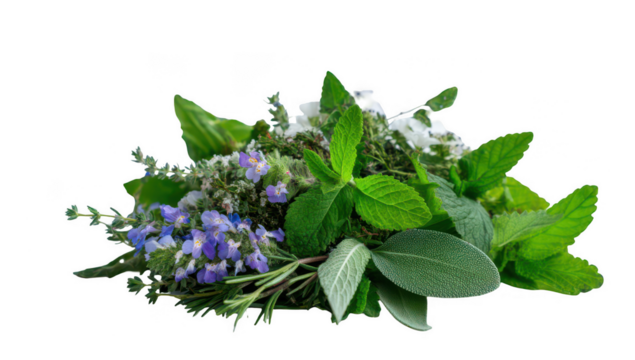 Pile of fresh herbs with leaves and flowers isolated on a white background, png, transparent