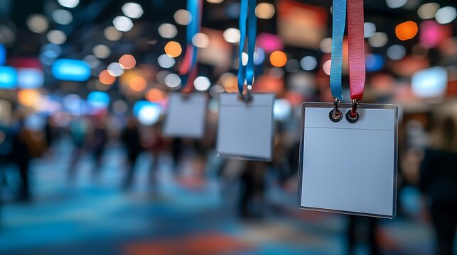 Blank badges hanging from colorful ribbons with a blurry background of a crowded convention floor