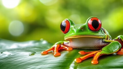 Fototapeta premium Vibrant Red-Eyed Tree Frog on Lush Green Leaf