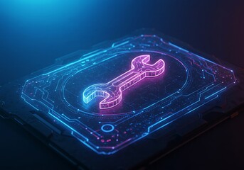Wrench Tool Icon on Glowing Tech Panel for Maintenance
