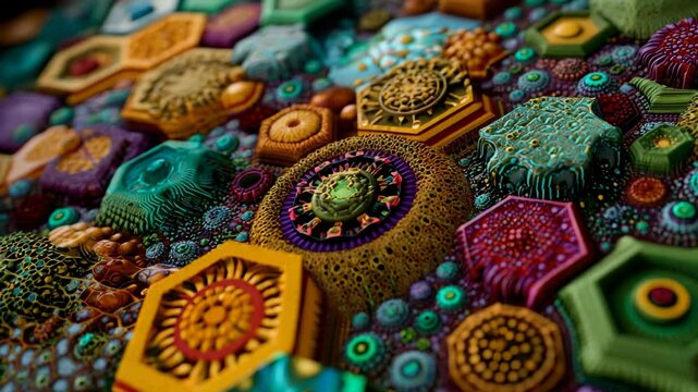 Macro surface view of intricate geometric structures, including vibrant hexagons and circles with detailed textures and varied designs.
