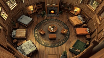 Round Wooden Cabin Interior Design: Cozy and Rustic Treehouse Retreat