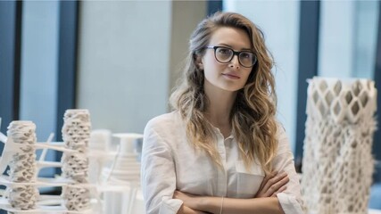 Architect's Vision: A focused architect stands confidently, surrounded by her architectural models, symbolizing expertise and a dedication to design.