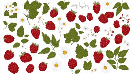 Vibrant Raspberry Collection: A Delightful Display of Fresh Raspberries, Lush Green Leaves, and Delicate White Flowers