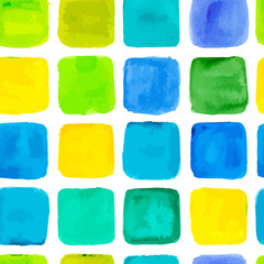 Bright squares watercolor paint on a white background. Seamless vector pattern. Design for home textiles, interiors, linens, cotton fabric, wrapping paper.