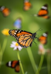 Fototapeta premium Monarch Butterfly in Flight: A Vibrant Garden Scene