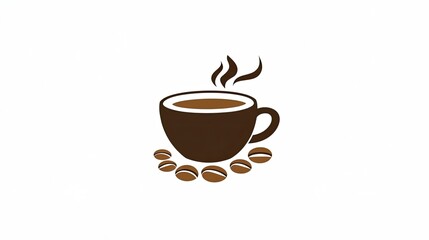 Simple coffee cup logo with steam and beans.  A dark brown coffee cup with steam rising is displayed on top of a circle of coffee beans.  The illustration is simplistic and modern