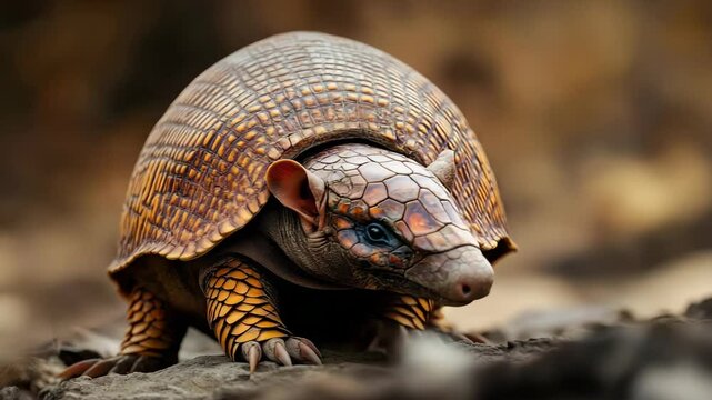 A close up shot of a small turtle on the ground