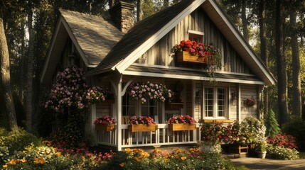 Fototapeta premium Charming Cottage Nestled in a Forest Garden