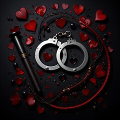 set of BDSM sex toys with handcuffs, whip flogger with red hearts for submission and domination on a black background. Gift for Valentine's day. Wide header cover for banner for sex shop