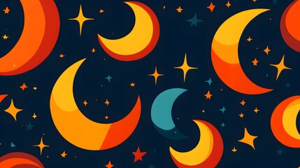 Naklejka premium Vibrant Crescent Moons and Stars Night Sky Pattern
