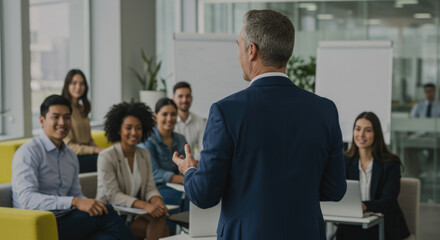 Business presentation with mature caucasian male leading and diverse audience engaged