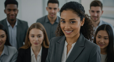 Confident female leader with diverse team in business setting