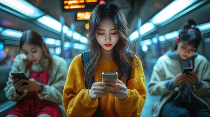Young women using phones on subway train