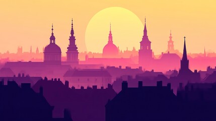 Fototapeta premium Sunset Over a Historical Cityscape with Silhouetted Architecture and Warm Hues