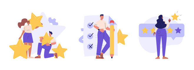 Fototapeta premium Survey Vector Illustration Set. People Giving Feedback, Choosing Answer, Making Decision and Research. Collection of Online Survey, Customer Review, Voting, Checklist, Client Feedback for Web Design