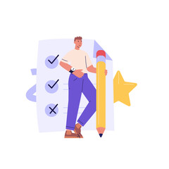 Customer Review. People Standing with Pencil Choosing Answer or Giving Feedback and Opinion in Survey Form. Concept of Client Feedback, Quality Test, Checklist. Vector illustration for Web Design