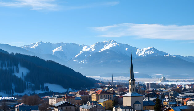 Panoramic view of town on sunny day. Beautiful majestic kronplatz mountain range against sky is in background. View of city during winter, Dynamic motion. with white shades