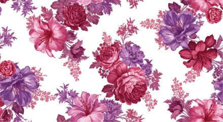 Seamless floral pattern with pink and purple flowers on a black background in a vintage style design